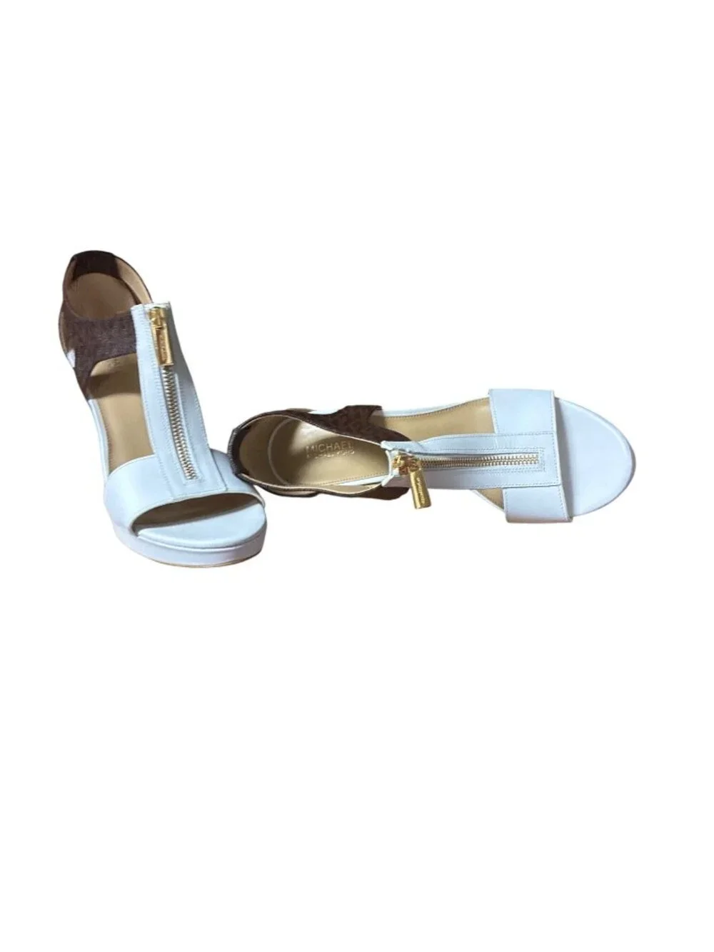 Michael Kors Berkley Sandal OP White Brown Leather Slingback Sandal‎ Heels 9M